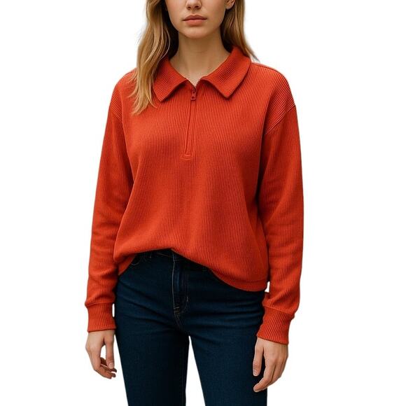 Kule Orange Red Rosewell Waffle Knit Cotton Quarter Zip Pullover - Picture 1 of 11